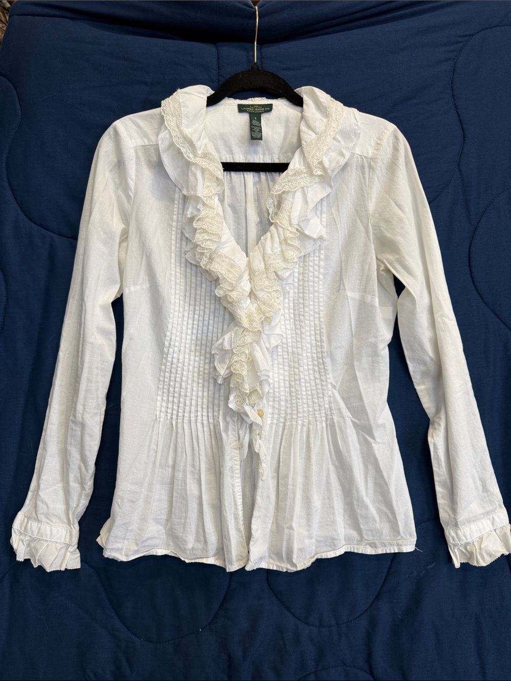 Lauren Ralph Lauren White Ruffled V-Neck Cotton Blouse